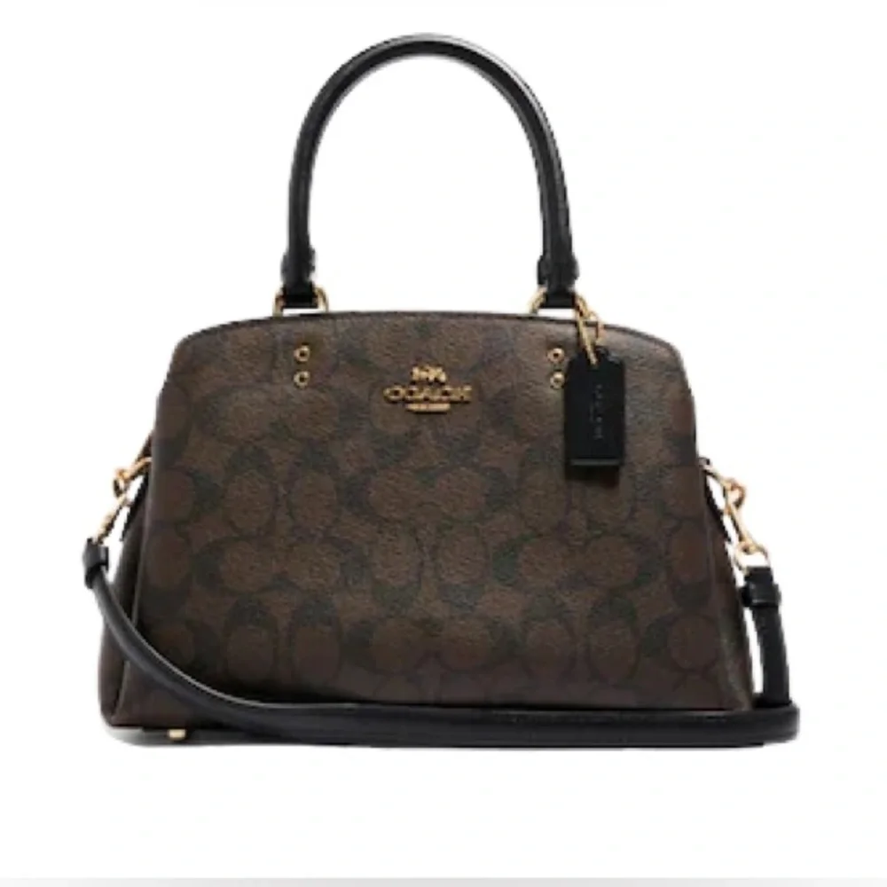Coach Mini Lillie Carryall in signature coated canvas and smooth black leather. - Picture 3 of 12